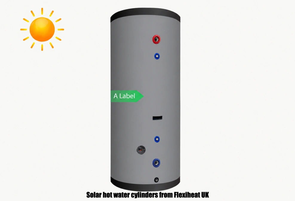 Solar hot water cylinders or solar hot water tanks for use with solar thermal panels, with options of single or twin coil cylinder with boiler or immersion heater backup for renewable energy DHW heating from Flexiheat UK