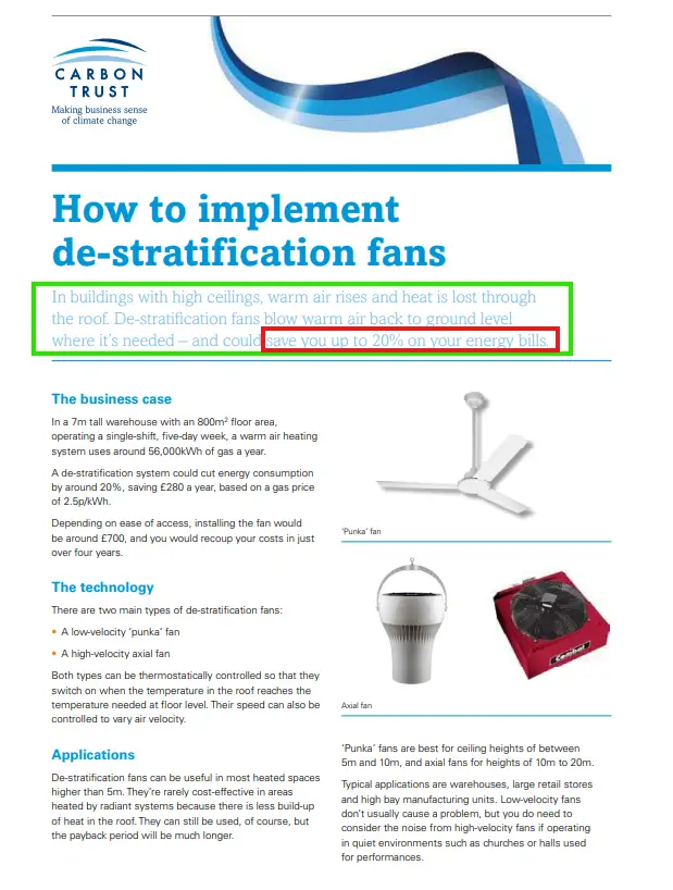 Destratification fan energy savings figures, Energy Saving Trust data 2026