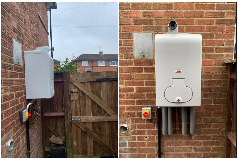 External boiler install picture in Salisbury, UK. These units are avaiable in natural gas or LPG ( propane) gas and a system boilers or combi boilers.