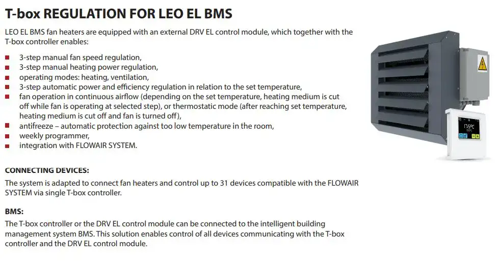 T Box building management system compatible controller for our Leo electric unit heaters Flexiheat UK