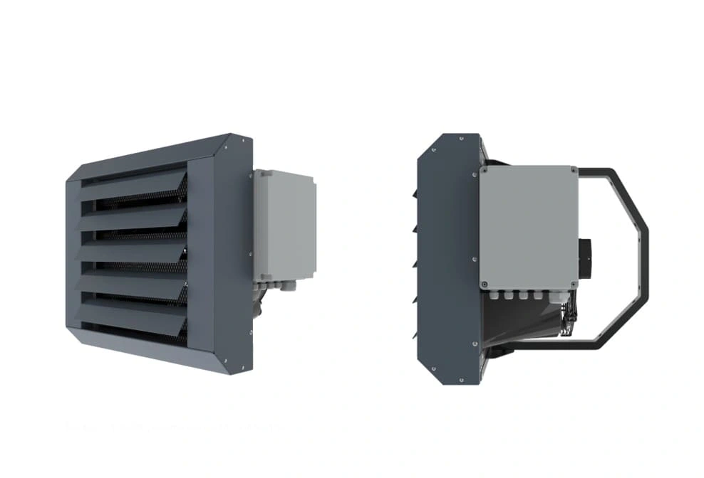 Electric unit heaters from Flexiheat UK, this industrial electric unit heater range, are a great electric heating solution for warehouses, garages or showrooms with powerful axial fans and PTC heating elements and a full range of thermostat controllers. The perfect factory heaters electric powered.